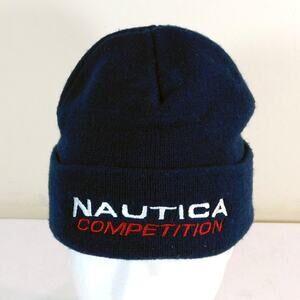 Vintage 90s Nautica Competition Beanie Winter Hat OSFA Navy Blue Embroidered